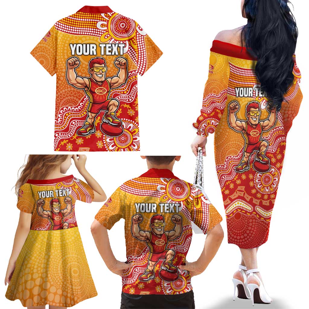 Personalized Suns Football Mascot Family Matching Off The Shoulder Long Sleeve Dress and Hawaiian Shirt Aboriginal Dot Art Style Vibrant Indigenous Pattern Design