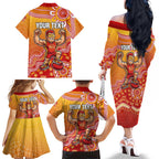 Personalized Suns Football Mascot Family Matching Off The Shoulder Long Sleeve Dress and Hawaiian Shirt Aboriginal Dot Art Style Vibrant Indigenous Pattern Design