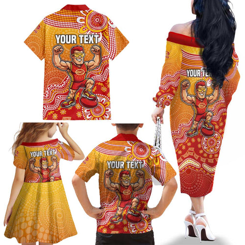 Personalized Suns Football Mascot Family Matching Off The Shoulder Long Sleeve Dress and Hawaiian Shirt Aboriginal Dot Art Style Vibrant Indigenous Pattern Design