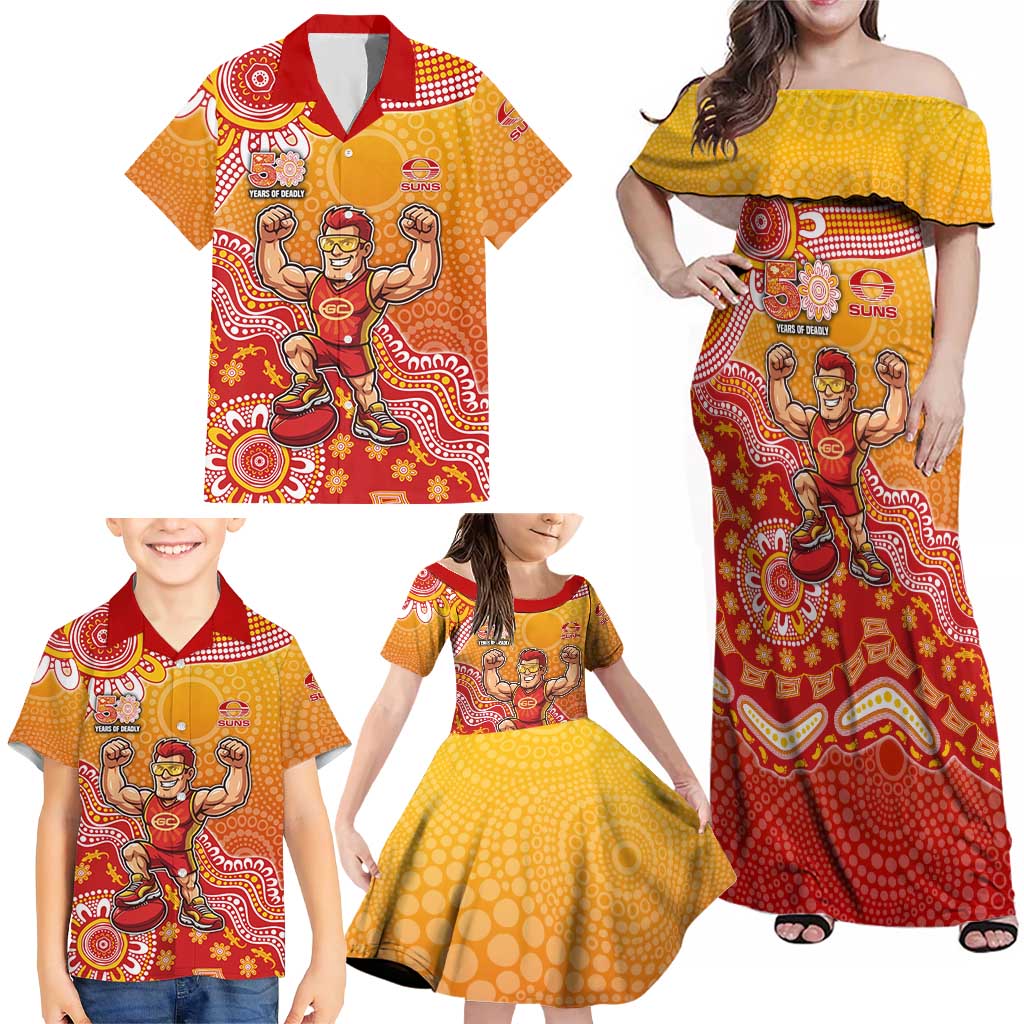 Personalized Suns Football Mascot Family Matching Off Shoulder Maxi Dress and Hawaiian Shirt Aboriginal Dot Art Style Vibrant Indigenous Pattern Design