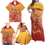 Personalized Suns Football Mascot Family Matching Off Shoulder Maxi Dress and Hawaiian Shirt Aboriginal Dot Art Style Vibrant Indigenous Pattern Design
