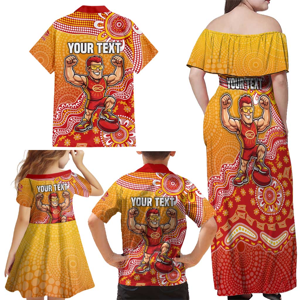 Personalized Suns Football Mascot Family Matching Off Shoulder Maxi Dress and Hawaiian Shirt Aboriginal Dot Art Style Vibrant Indigenous Pattern Design