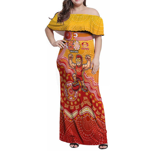 Personalized Suns Football Mascot Family Matching Off Shoulder Maxi Dress and Hawaiian Shirt Aboriginal Dot Art Style Vibrant Indigenous Pattern Design