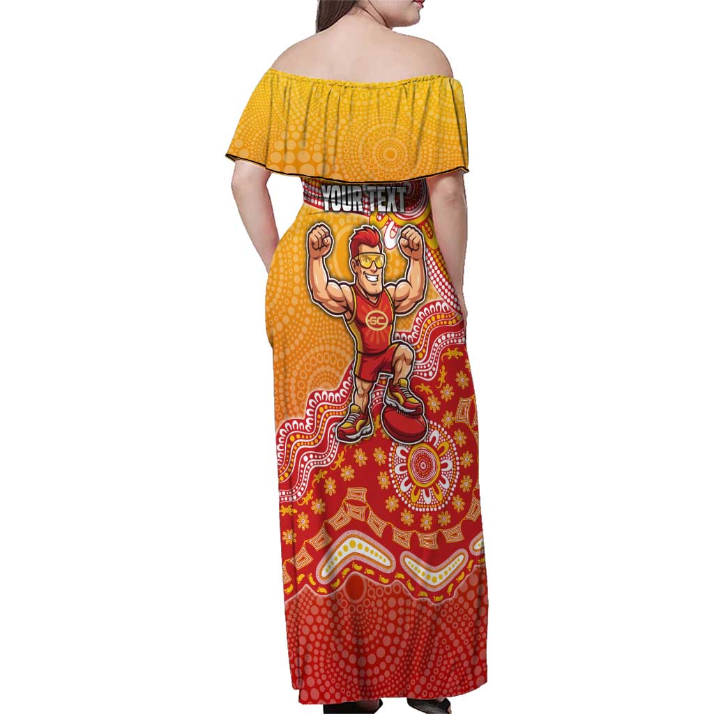 Personalized Suns Football Mascot Family Matching Off Shoulder Maxi Dress and Hawaiian Shirt Aboriginal Dot Art Style Vibrant Indigenous Pattern Design
