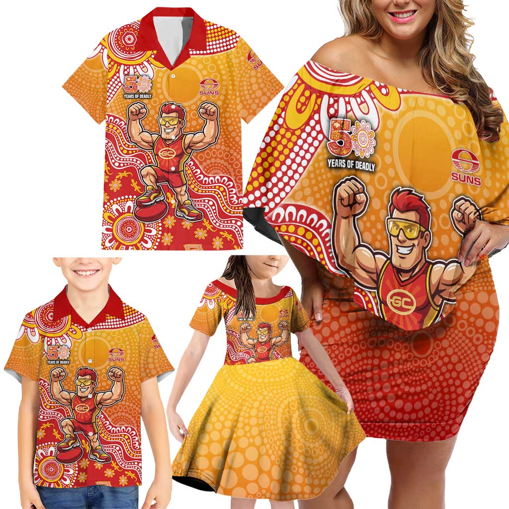 Personalized Suns Football Mascot Family Matching Off Shoulder Short Dress and Hawaiian Shirt Aboriginal Dot Art Style Vibrant Indigenous Pattern Design