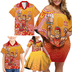 Personalized Suns Football Mascot Family Matching Off Shoulder Short Dress and Hawaiian Shirt Aboriginal Dot Art Style Vibrant Indigenous Pattern Design