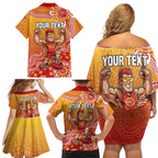 Personalized Suns Football Mascot Family Matching Off Shoulder Short Dress and Hawaiian Shirt Aboriginal Dot Art Style Vibrant Indigenous Pattern Design