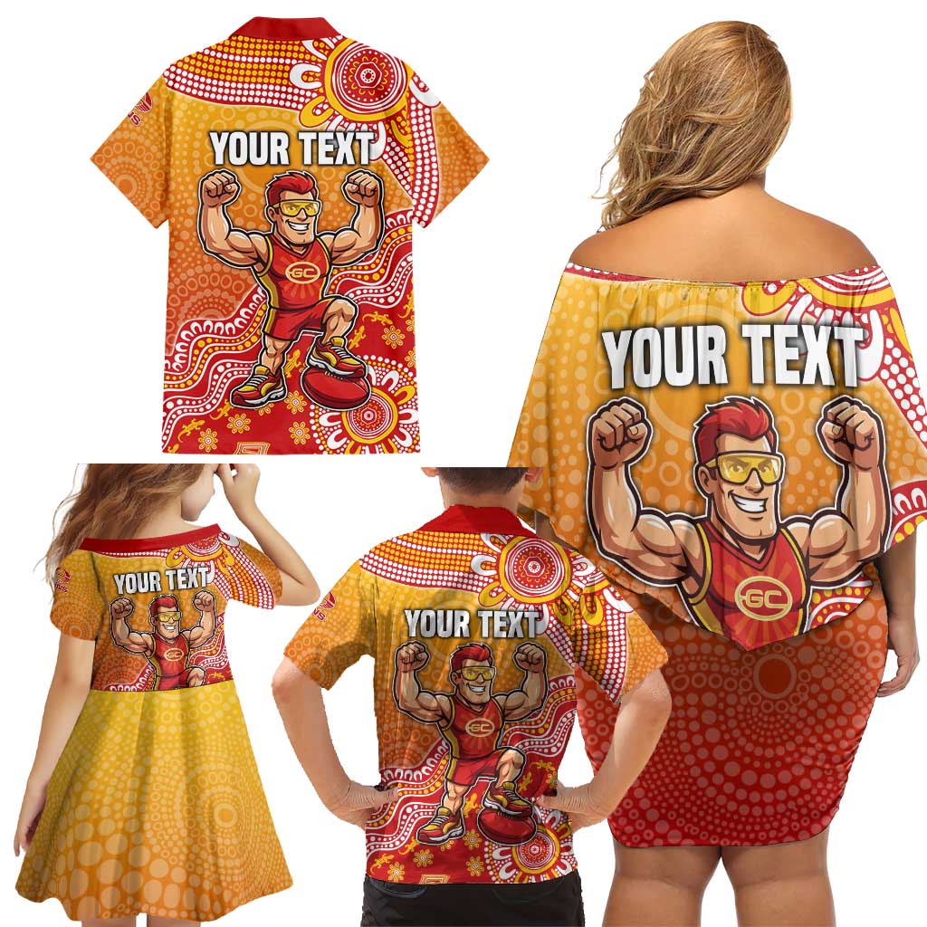 Personalized Suns Football Mascot Family Matching Off Shoulder Short Dress and Hawaiian Shirt Aboriginal Dot Art Style Vibrant Indigenous Pattern Design