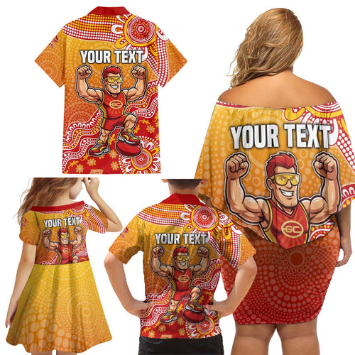 Personalized Suns Football Mascot Family Matching Off Shoulder Short Dress and Hawaiian Shirt Aboriginal Dot Art Style Vibrant Indigenous Pattern Design