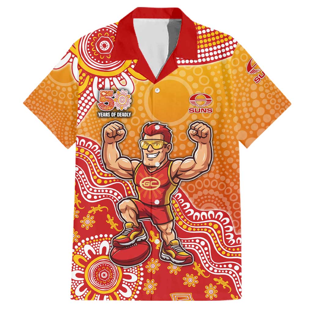 Personalized Suns Football Mascot Family Matching Off Shoulder Short Dress and Hawaiian Shirt Aboriginal Dot Art Style Vibrant Indigenous Pattern Design