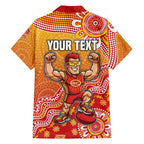 Personalized Suns Football Mascot Family Matching Off Shoulder Short Dress and Hawaiian Shirt Aboriginal Dot Art Style Vibrant Indigenous Pattern Design