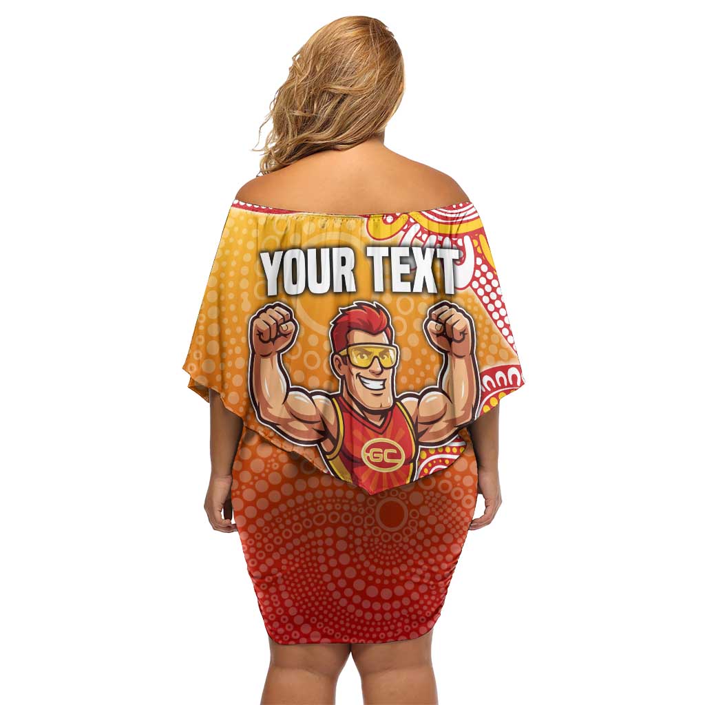 Personalized Suns Football Mascot Family Matching Off Shoulder Short Dress and Hawaiian Shirt Aboriginal Dot Art Style Vibrant Indigenous Pattern Design