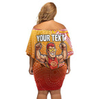 Personalized Suns Football Mascot Family Matching Off Shoulder Short Dress and Hawaiian Shirt Aboriginal Dot Art Style Vibrant Indigenous Pattern Design