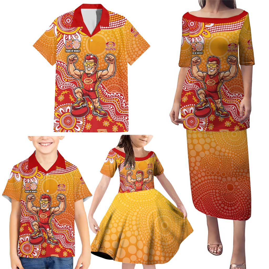 Personalized Suns Football Mascot Family Matching Puletasi and Hawaiian Shirt Aboriginal Dot Art Style Vibrant Indigenous Pattern Design