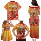 Personalized Suns Football Mascot Family Matching Puletasi and Hawaiian Shirt Aboriginal Dot Art Style Vibrant Indigenous Pattern Design