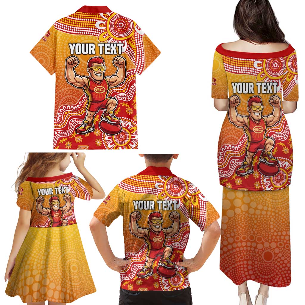 Personalized Suns Football Mascot Family Matching Puletasi and Hawaiian Shirt Aboriginal Dot Art Style Vibrant Indigenous Pattern Design