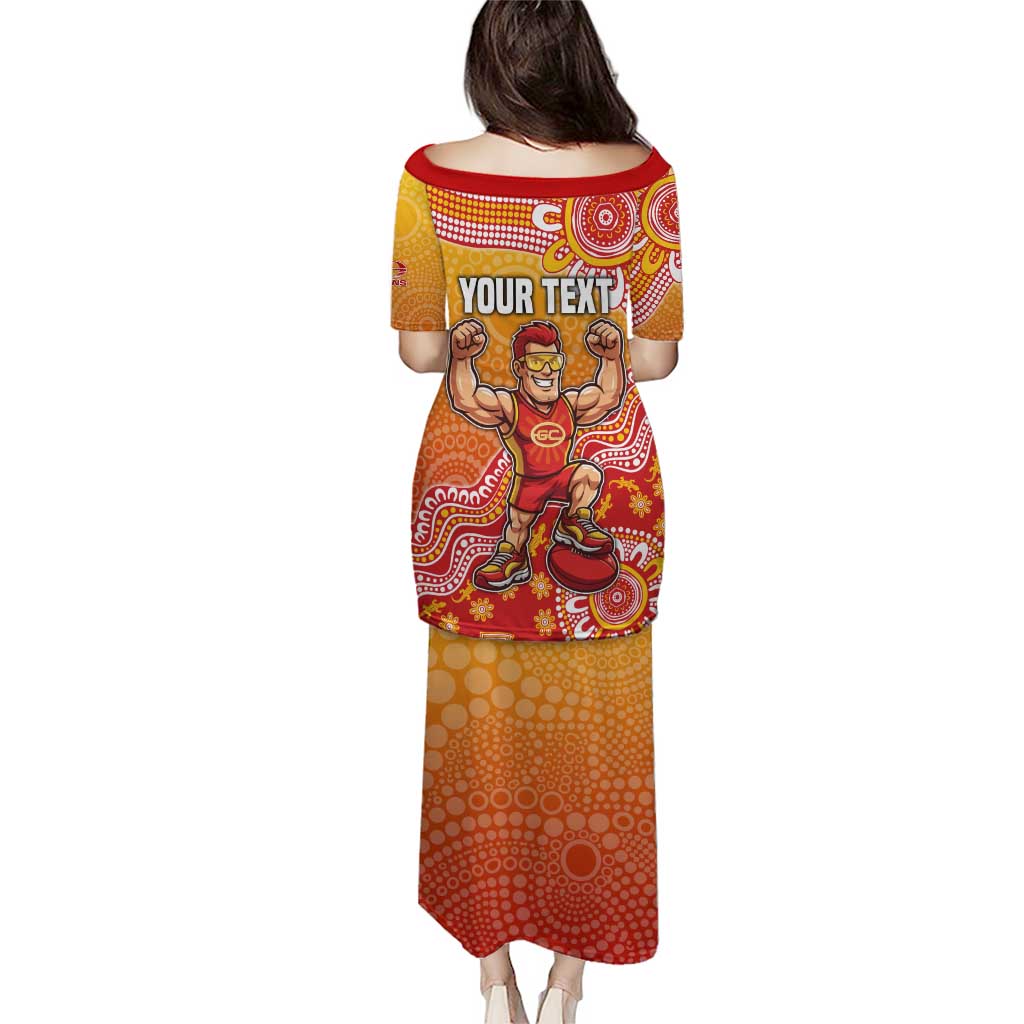 Personalized Suns Football Mascot Family Matching Puletasi and Hawaiian Shirt Aboriginal Dot Art Style Vibrant Indigenous Pattern Design