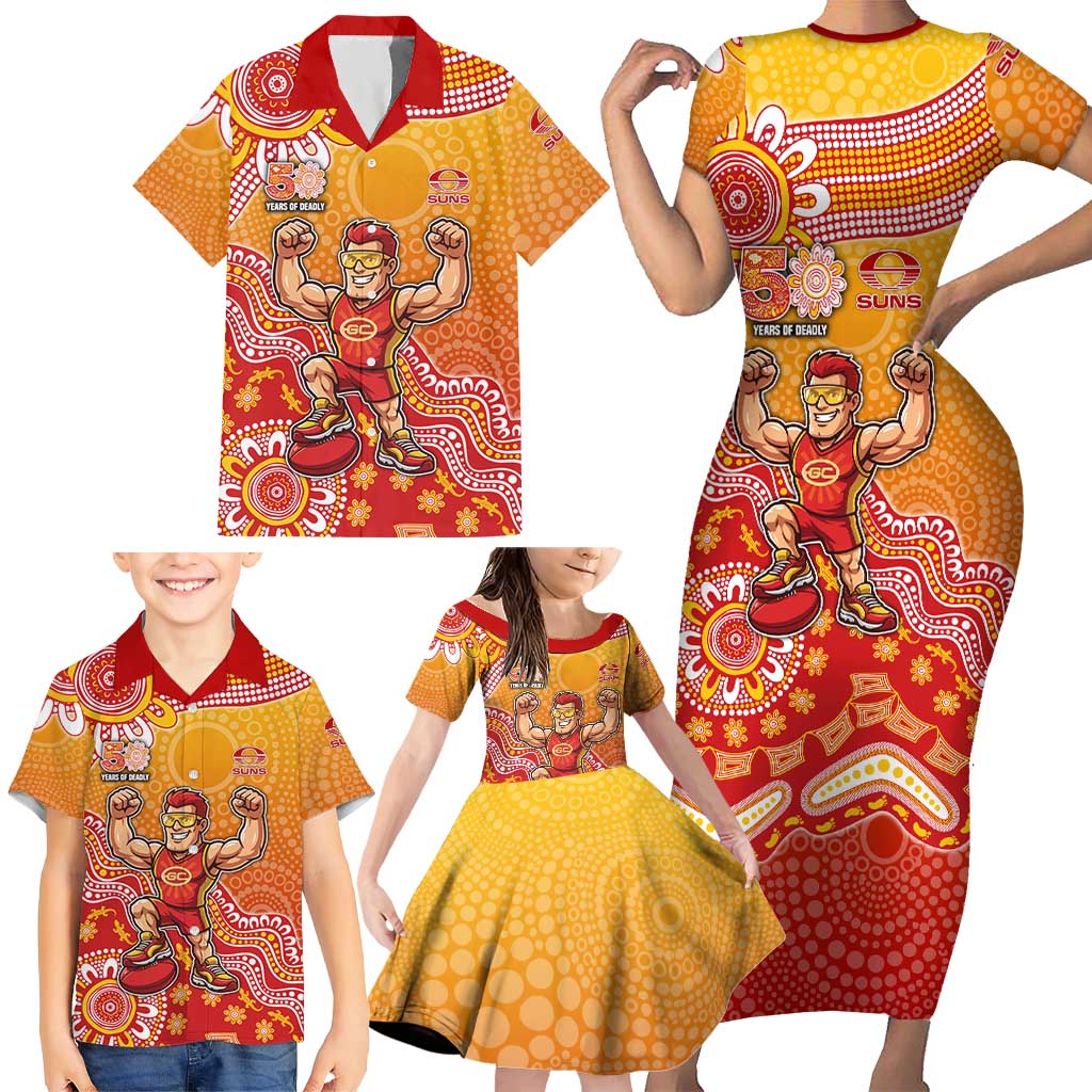 Personalized Suns Football Mascot Family Matching Short Sleeve Bodycon Dress and Hawaiian Shirt Aboriginal Dot Art Style Vibrant Indigenous Pattern Design