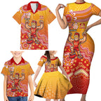 Personalized Suns Football Mascot Family Matching Short Sleeve Bodycon Dress and Hawaiian Shirt Aboriginal Dot Art Style Vibrant Indigenous Pattern Design