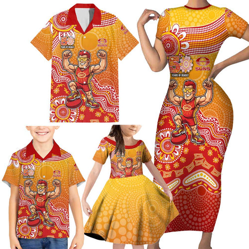 Personalized Suns Football Mascot Family Matching Short Sleeve Bodycon Dress and Hawaiian Shirt Aboriginal Dot Art Style Vibrant Indigenous Pattern Design