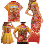 Personalized Suns Football Mascot Family Matching Short Sleeve Bodycon Dress and Hawaiian Shirt Aboriginal Dot Art Style Vibrant Indigenous Pattern Design