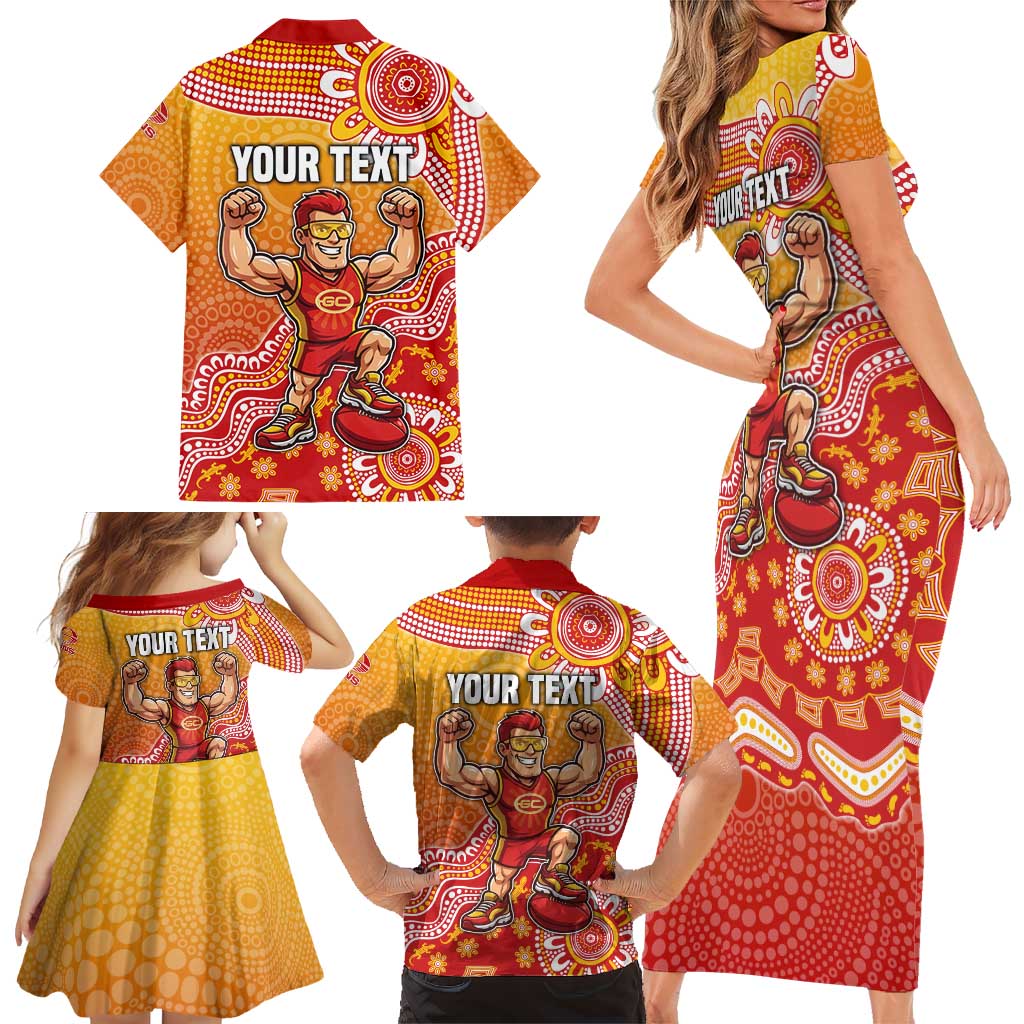 Personalized Suns Football Mascot Family Matching Short Sleeve Bodycon Dress and Hawaiian Shirt Aboriginal Dot Art Style Vibrant Indigenous Pattern Design