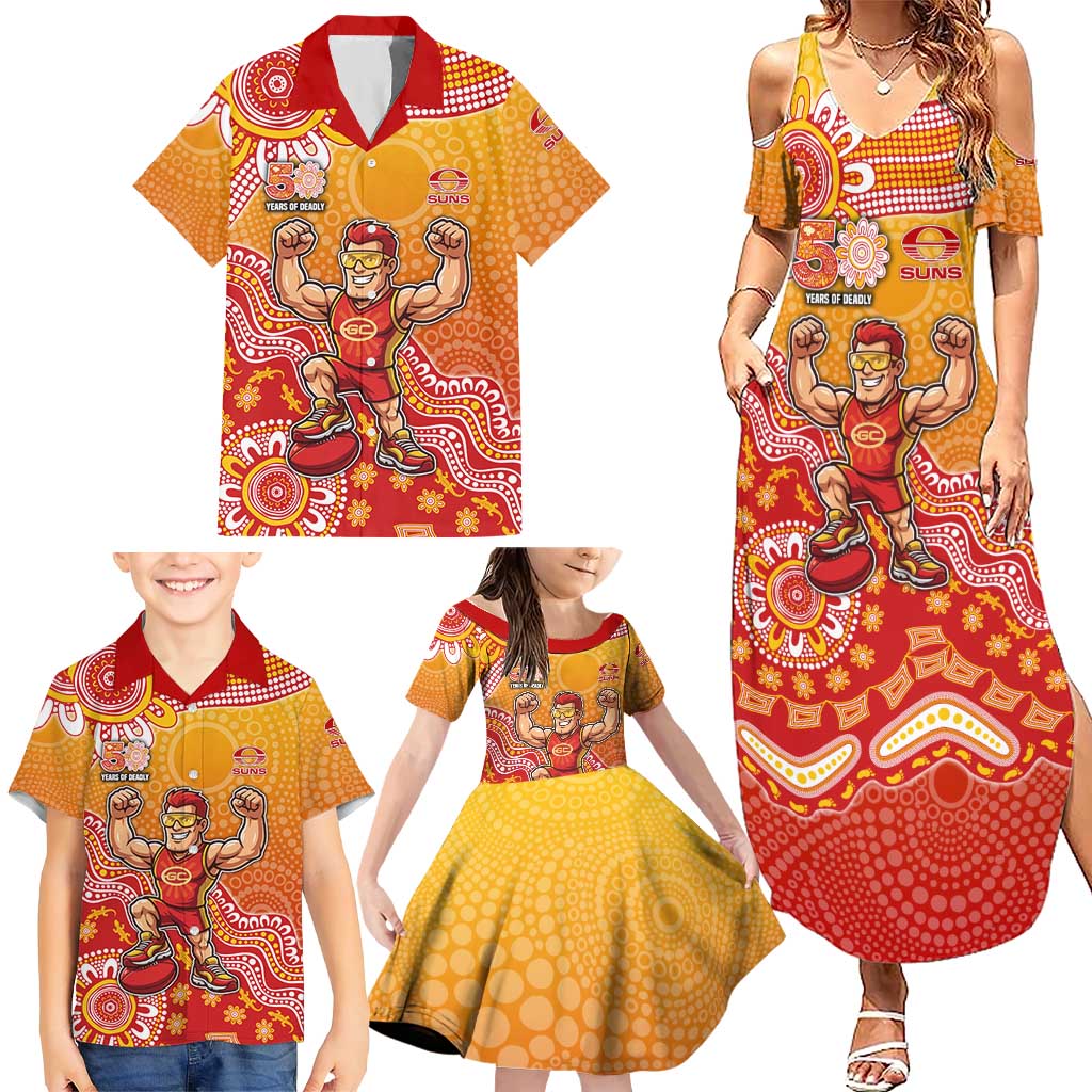 Personalized Suns Football Mascot Family Matching Summer Maxi Dress and Hawaiian Shirt Aboriginal Dot Art Style Vibrant Indigenous Pattern Design