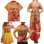 Personalized Suns Football Mascot Family Matching Summer Maxi Dress and Hawaiian Shirt Aboriginal Dot Art Style Vibrant Indigenous Pattern Design