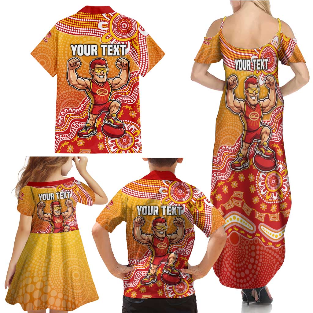 Personalized Suns Football Mascot Family Matching Summer Maxi Dress and Hawaiian Shirt Aboriginal Dot Art Style Vibrant Indigenous Pattern Design