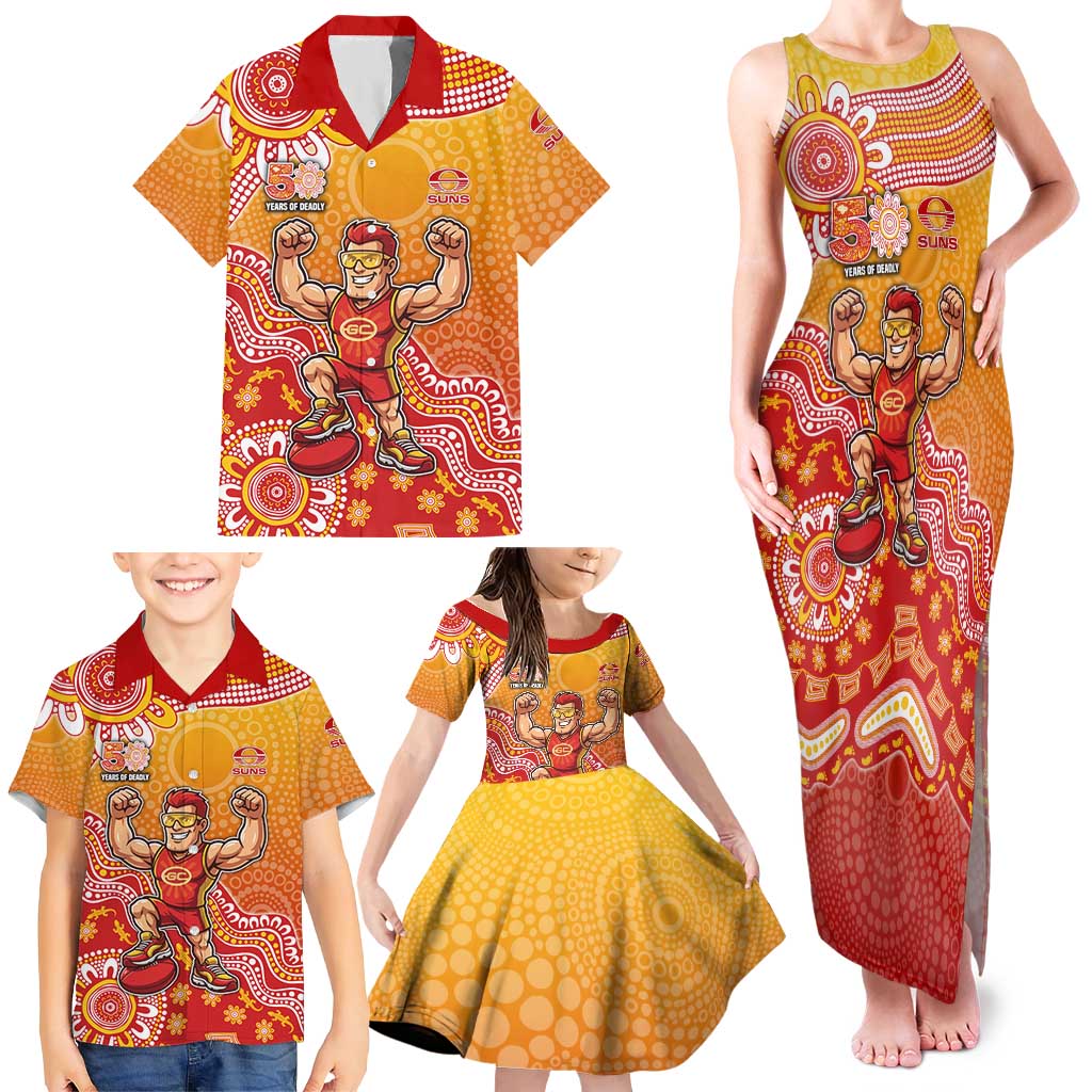 Personalized Suns Football Mascot Family Matching Tank Maxi Dress and Hawaiian Shirt Aboriginal Dot Art Style Vibrant Indigenous Pattern Design