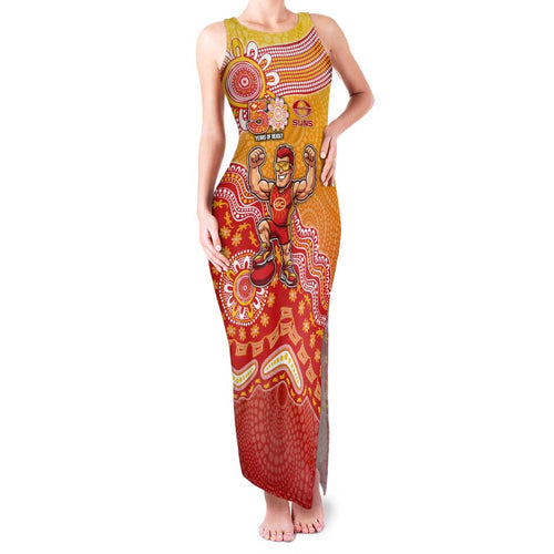 Personalized Suns Football Mascot Family Matching Tank Maxi Dress and Hawaiian Shirt Aboriginal Dot Art Style Vibrant Indigenous Pattern Design