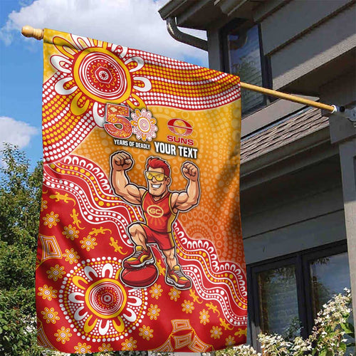 Personalized Suns Football Mascot Garden Flag Aboriginal Dot Art Style Vibrant Indigenous Pattern Design