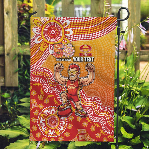 Personalized Suns Football Mascot Garden Flag Aboriginal Dot Art Style Vibrant Indigenous Pattern Design