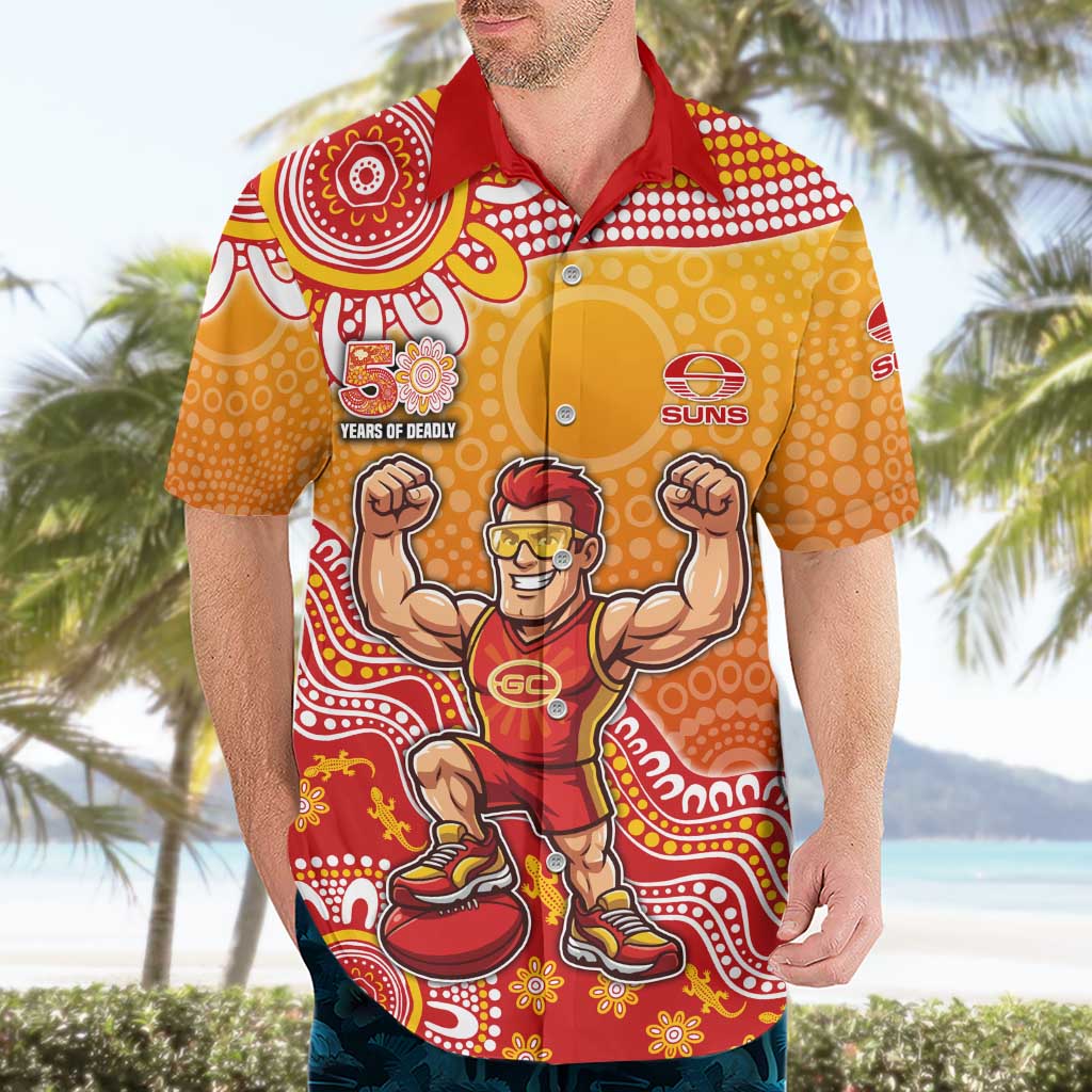 Personalized Suns Football Mascot Hawaiian Shirt Aboriginal Dot Art Style Vibrant Indigenous Pattern Design