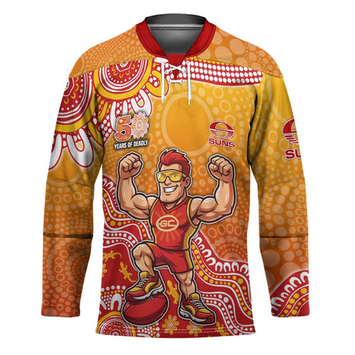 Personalized Suns Football Mascot Hockey Jersey Aboriginal Dot Art Style Vibrant Indigenous Pattern Design