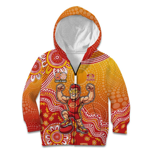 Personalized Suns Football Mascot Kid Hoodie Aboriginal Dot Art Style Vibrant Indigenous Pattern Design