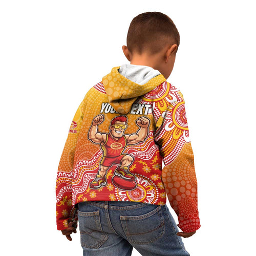 Personalized Suns Football Mascot Kid Hoodie Aboriginal Dot Art Style Vibrant Indigenous Pattern Design