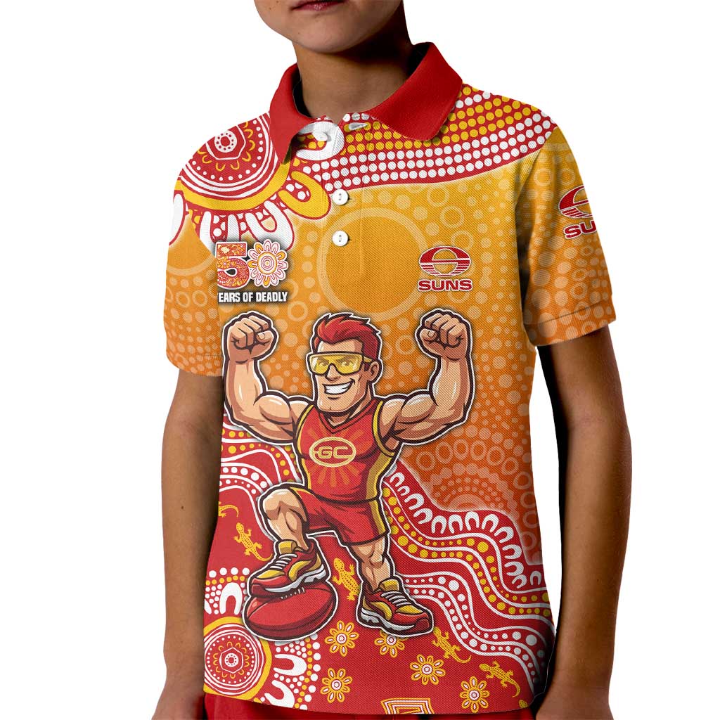 Personalized Suns Football Mascot Kid Polo Shirt Aboriginal Dot Art Style Vibrant Indigenous Pattern Design