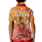 Personalized Suns Football Mascot Kid Polo Shirt Aboriginal Dot Art Style Vibrant Indigenous Pattern Design