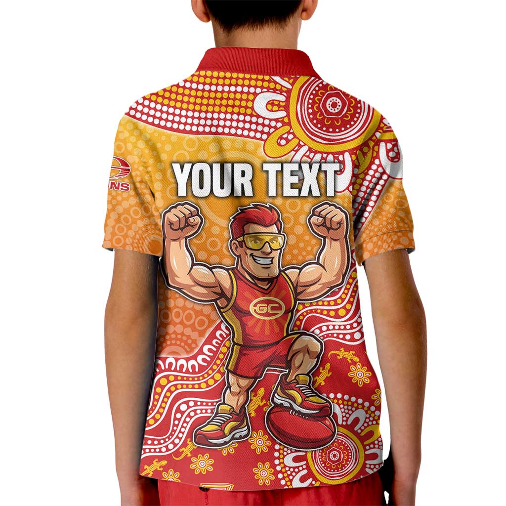 Personalized Suns Football Mascot Kid Polo Shirt Aboriginal Dot Art Style Vibrant Indigenous Pattern Design