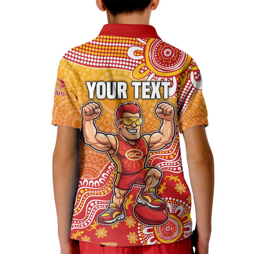 Personalized Suns Football Mascot Kid Polo Shirt Aboriginal Dot Art Style Vibrant Indigenous Pattern Design