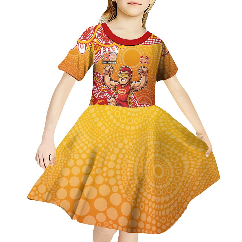 Personalized Suns Football Mascot Kid Short Sleeve Dress Aboriginal Dot Art Style Vibrant Indigenous Pattern Design