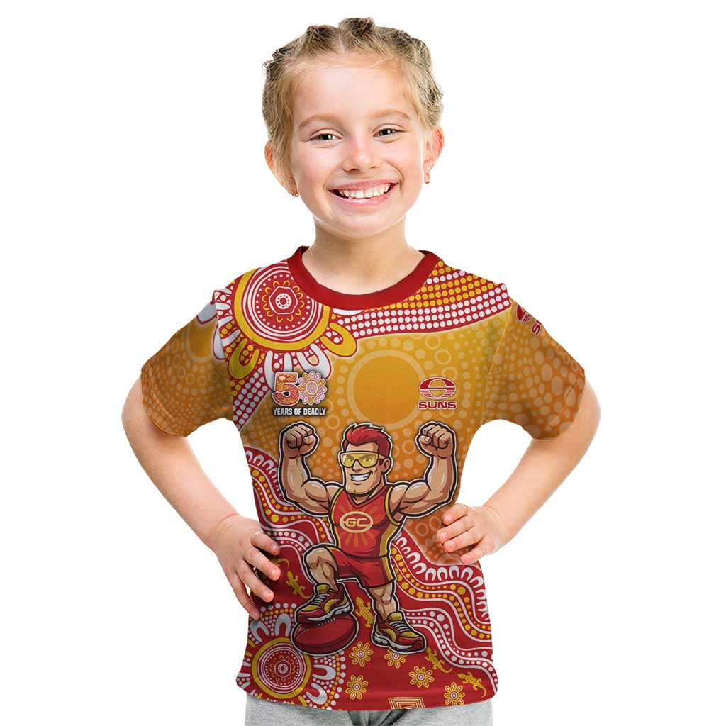 Personalized Suns Football Mascot Kid T Shirt Aboriginal Dot Art Style Vibrant Indigenous Pattern Design