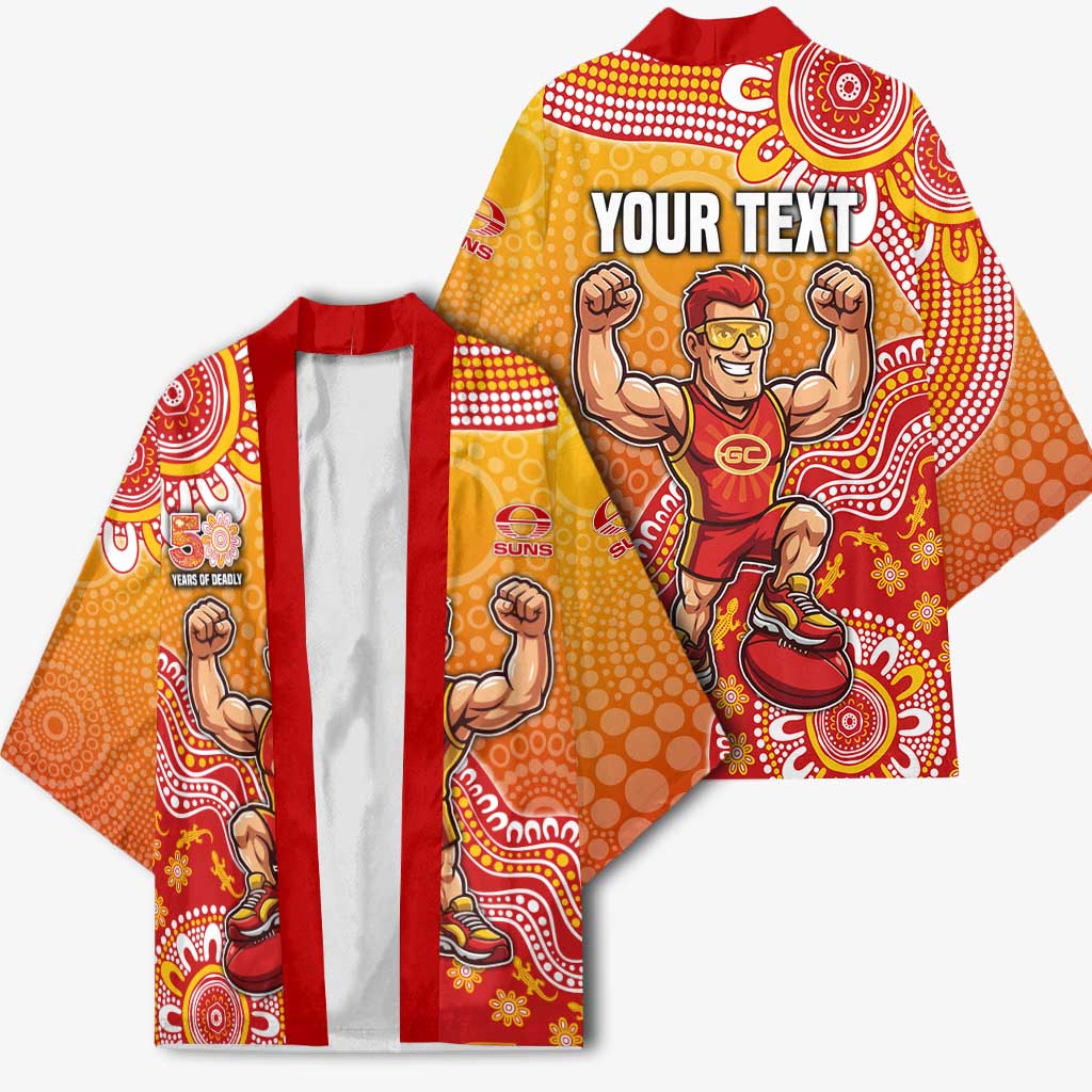 Personalized Suns Football Mascot Kimono Aboriginal Dot Art Style Vibrant Indigenous Pattern Design