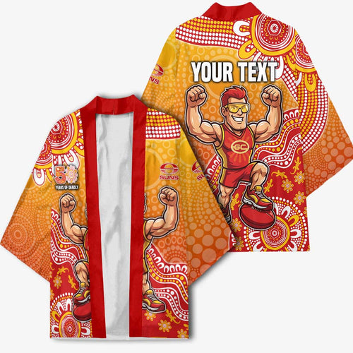 Personalized Suns Football Mascot Kimono Aboriginal Dot Art Style Vibrant Indigenous Pattern Design