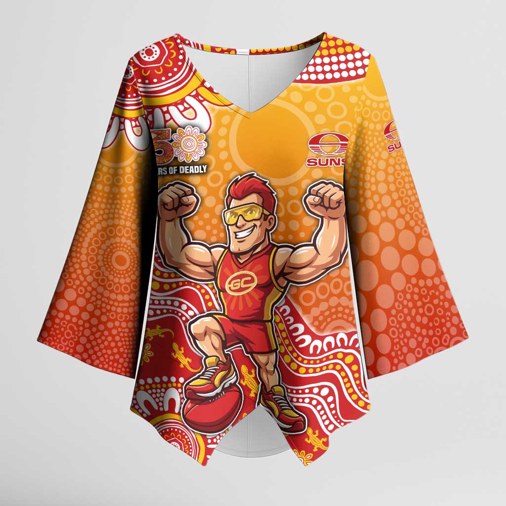 Personalized Suns Football Mascot Kimono Sleeve Blouse Aboriginal Dot Art Style Vibrant Indigenous Pattern Design