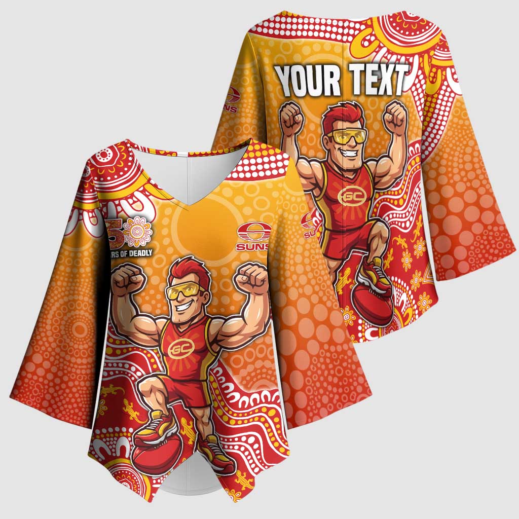Personalized Suns Football Mascot Kimono Sleeve Blouse Aboriginal Dot Art Style Vibrant Indigenous Pattern Design