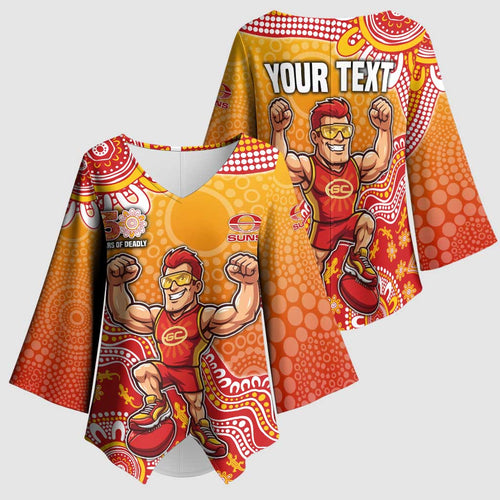 Personalized Suns Football Mascot Kimono Sleeve Blouse Aboriginal Dot Art Style Vibrant Indigenous Pattern Design