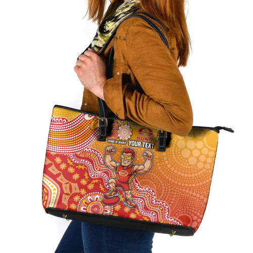 Personalized Suns Football Mascot Leather Tote Bag Aboriginal Dot Art Style Vibrant Indigenous Pattern Design