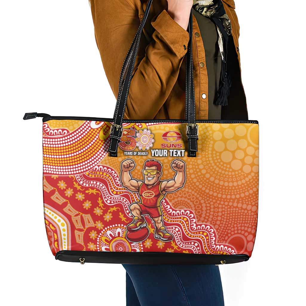 Personalized Suns Football Mascot Leather Tote Bag Aboriginal Dot Art Style Vibrant Indigenous Pattern Design